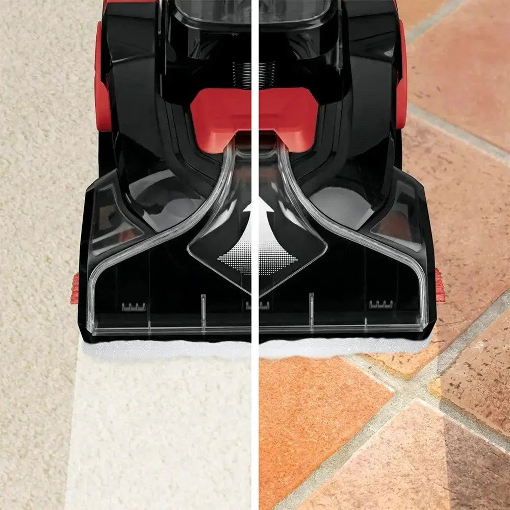 Aspirator fara sac 3 in 1, Hoffmans, mana/vertical, spala podelele, 1200W, 2 recipiente, negru-rosu