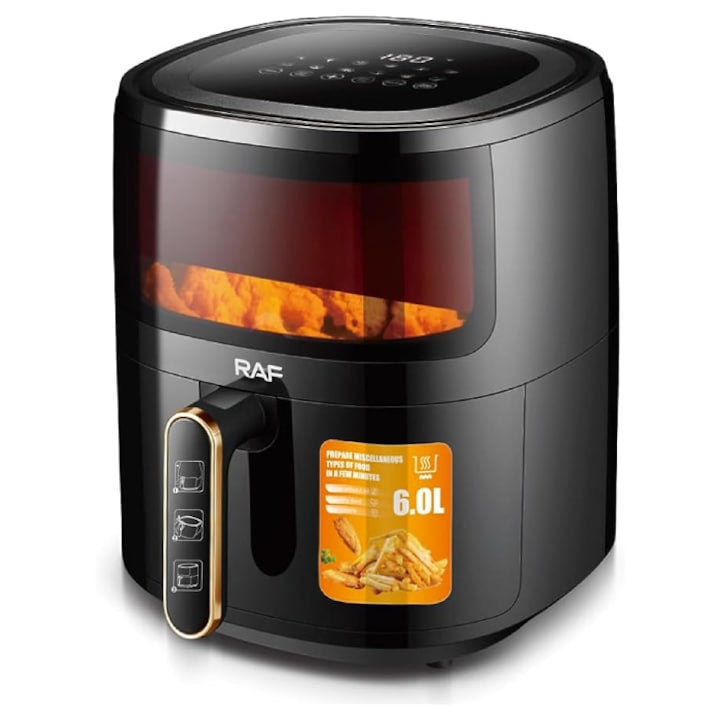 Friteuza Air Fryer RAF R.5330B cu aer cald, Fara ulei, 6 litri, Sticla transparenta, 8 Programe, Digital Touch Screen, Negru