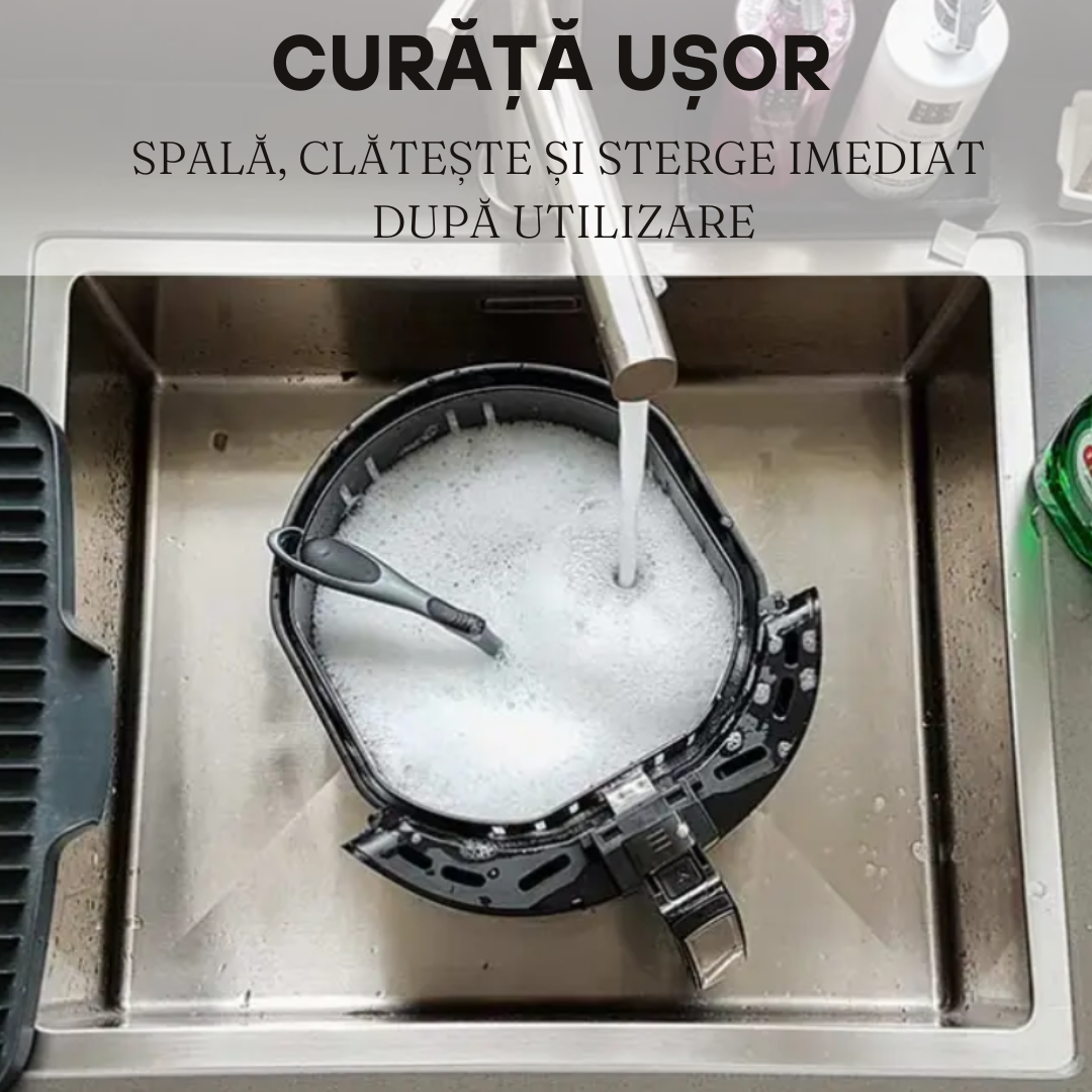 Friteuza Air Fryer RAF R.5330B cu aer cald, Fara ulei, 6 litri, Sticla transparenta, 8 Programe, Digital Touch Screen, Negru