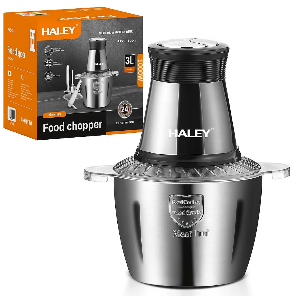 Tocator Electric 3L,HY-1221 pentru Carne si Legume, Bol Inox, 4 Lame Premium din Otel Inoxidabil, Motor Puternic 1000W