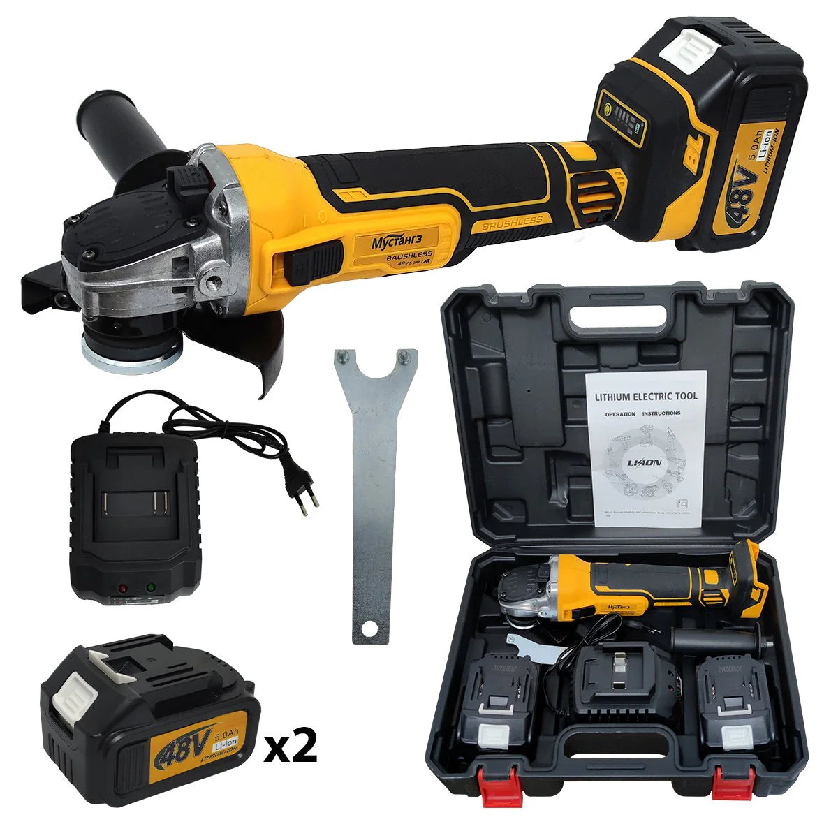 Polizor unghiular fără fir 125mm, 2 Acumulatori 48V 5 AH, Trusa transport