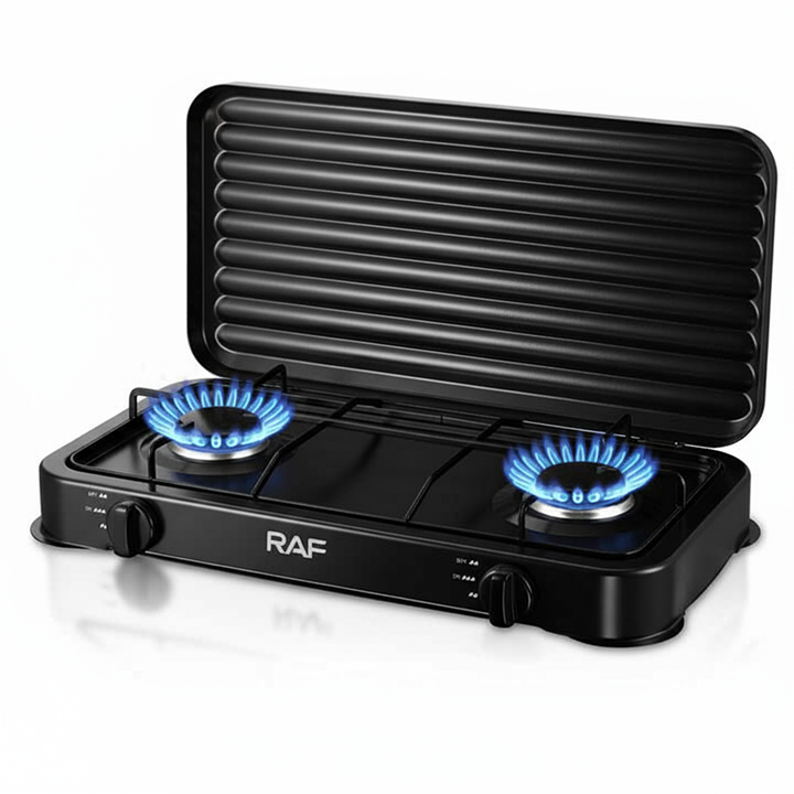 PLITA DUBLA PE GAZ, RAF R8033, CU 2 OCHIURI, 2X2 2KWH, 30 MBAR, OTEL CARBON, 52 CM LUNGIME, ALB, R.8033W.