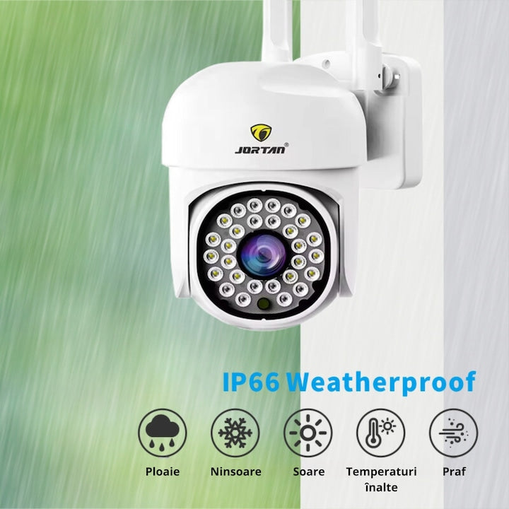 Camera de supraveghere WiFi Jortan JTZ-8161QJ 2MP, Full HD, exterior sau interior, alarma, senzor de miscare, vedere de noapte, mesaje push, microfon, difuzor, aplicatie Yoosee, Alb