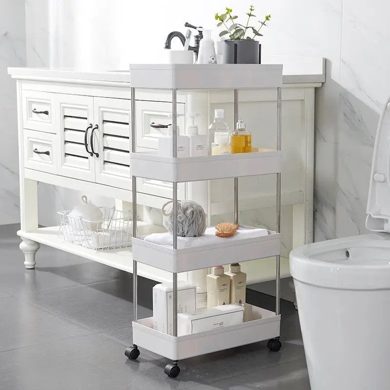 Carucior organizator slim, portabil, cu 4 rafturi, alb