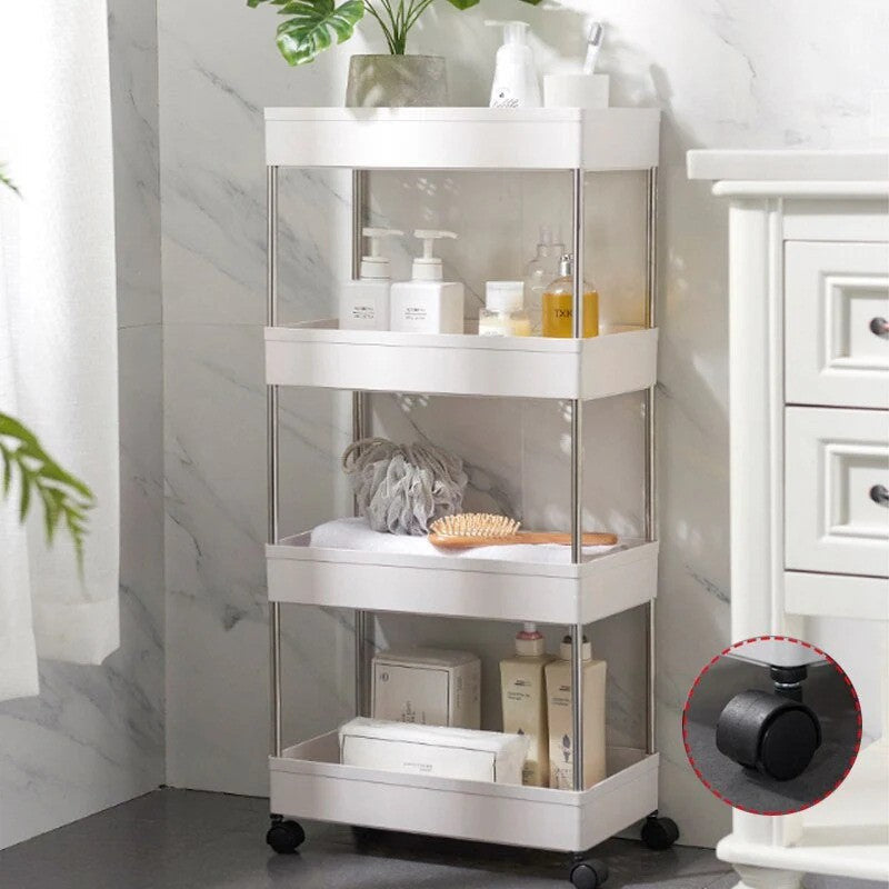 Carucior organizator slim, portabil, cu 4 rafturi, alb