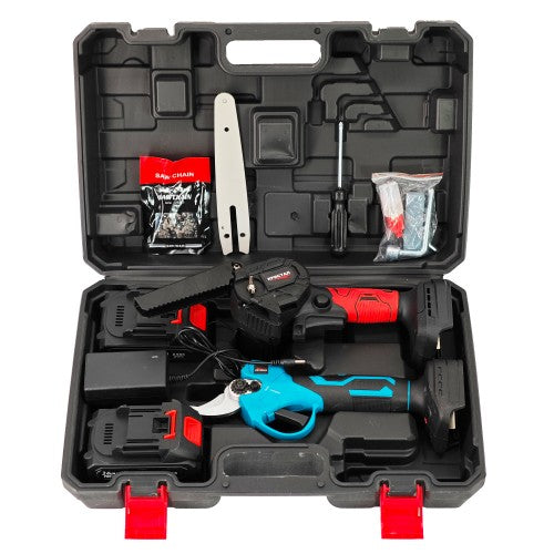Set foarfeca vita de vie si mini drujba cu acumulator, 2 acumulatori 48V, 1 incarcator, lama + lant, surubelnita, cheie montaj