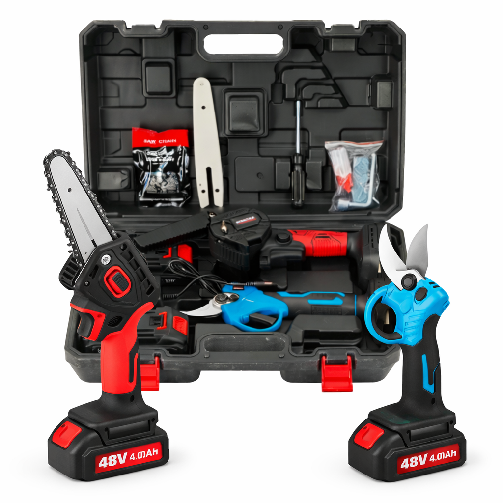 Set foarfeca vita de vie si mini drujba cu acumulator, 2 acumulatori 48V, 1 incarcator, lama + lant, surubelnita, cheie montaj