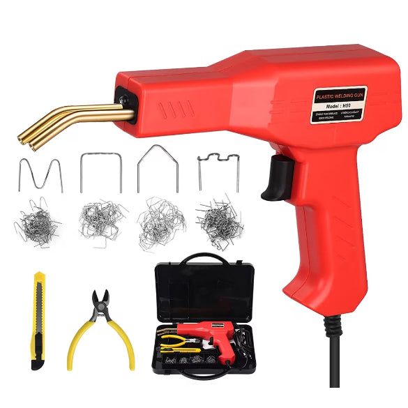Trusa Aparat sudat plastic, Pistol Profesional pentru lipit/sudat plastic, kit pentru repararea fisurilor din plastic, polipropilena, 200 capse de intarire, putere 50W, rosu