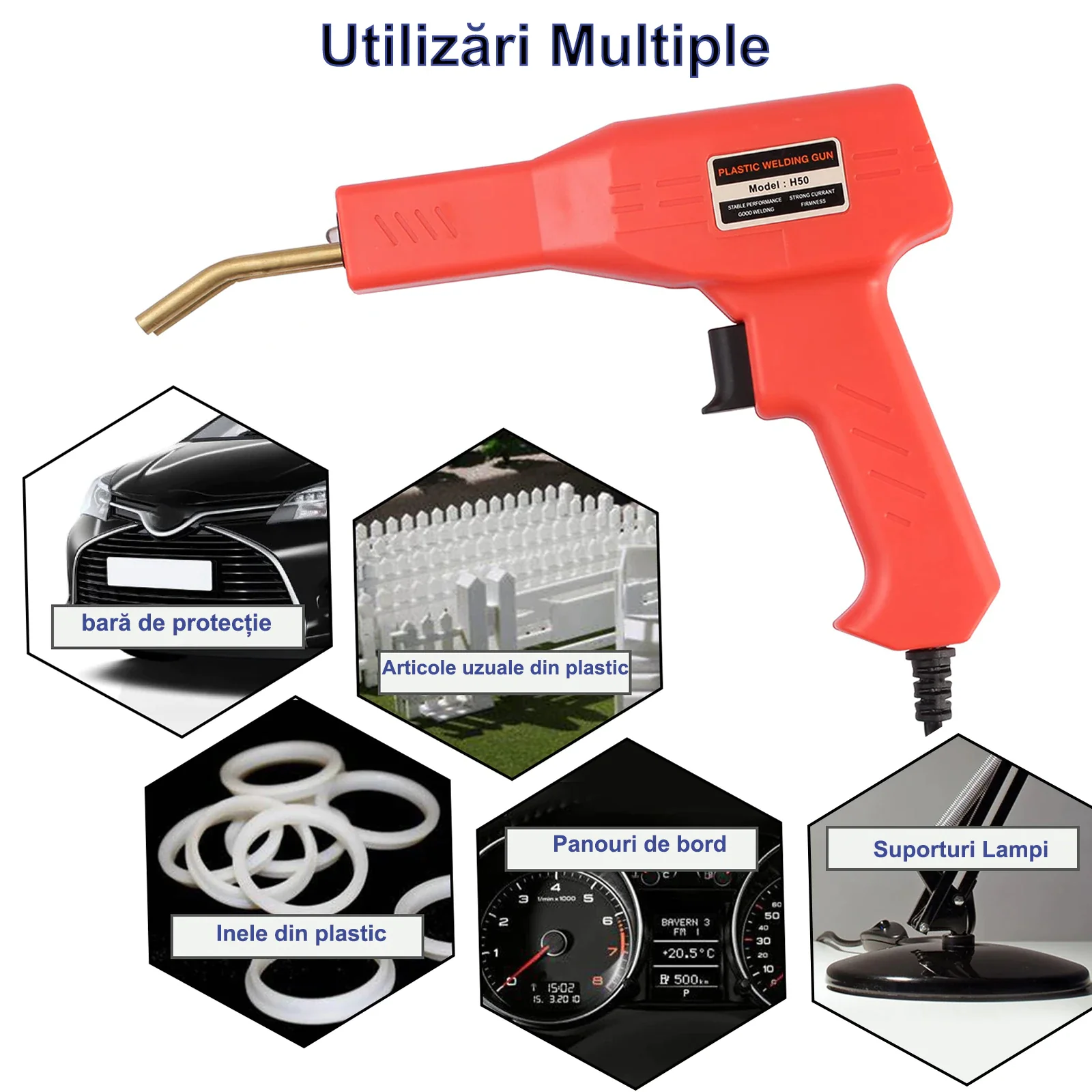 Trusa Aparat sudat plastic, Pistol Profesional pentru lipit/sudat plastic, kit pentru repararea fisurilor din plastic, polipropilena, 200 capse de intarire, putere 50W, rosu