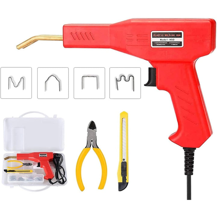 Trusa Aparat sudat plastic, Pistol Profesional pentru lipit/sudat plastic, kit pentru repararea fisurilor din plastic, polipropilena, 200 capse de intarire, putere 50W, rosu