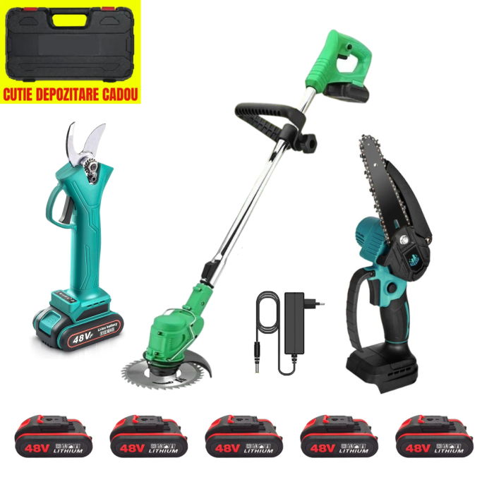 Set Motocoasa, Foarfeca, MiniDrujba cu 5 Acumulatori 48V, 3 Incarcatoare, Accesorii Incluse, Trusa Depozitare