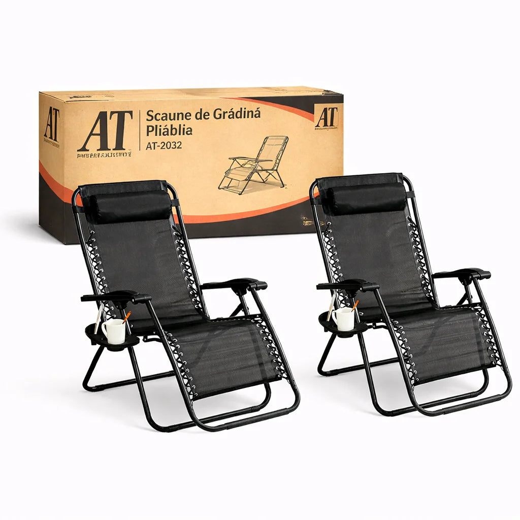 Set 2 Scaune Șezlonguri Portabile Pliabile – Zero Gravity, Cadru Aluminiu, Suport Pahar