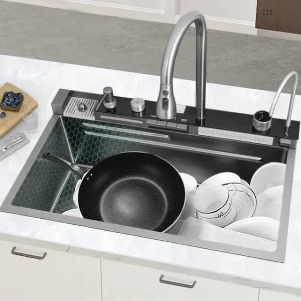 Chiuveta multifunctionala cu 2 cascade cu accesorii incluse, afisaj digital a temperaturii si robinet cascada, culoare negru grafit , 750x460mm