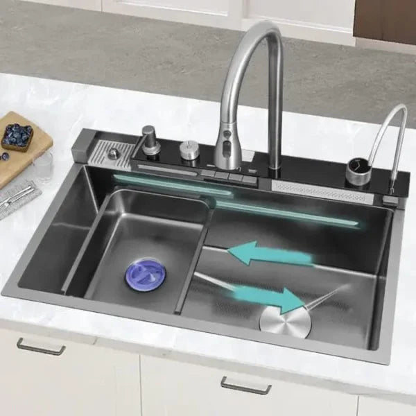 Chiuveta multifunctionala cu 2 cascade cu accesorii incluse, afisaj digital a temperaturii si robinet cascada, culoare negru grafit , 750x460mm