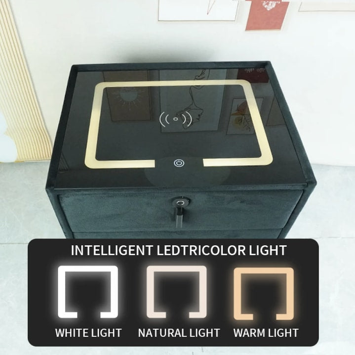 Noptiera Smart Multifunctionala, iluminare LED tactil , incarcare wireless si USB, difuzor Bluetooth, 2 sertare