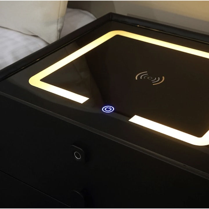 Noptiera Smart Multifunctionala, iluminare LED tactil , incarcare wireless si USB, difuzor Bluetooth, 2 sertare