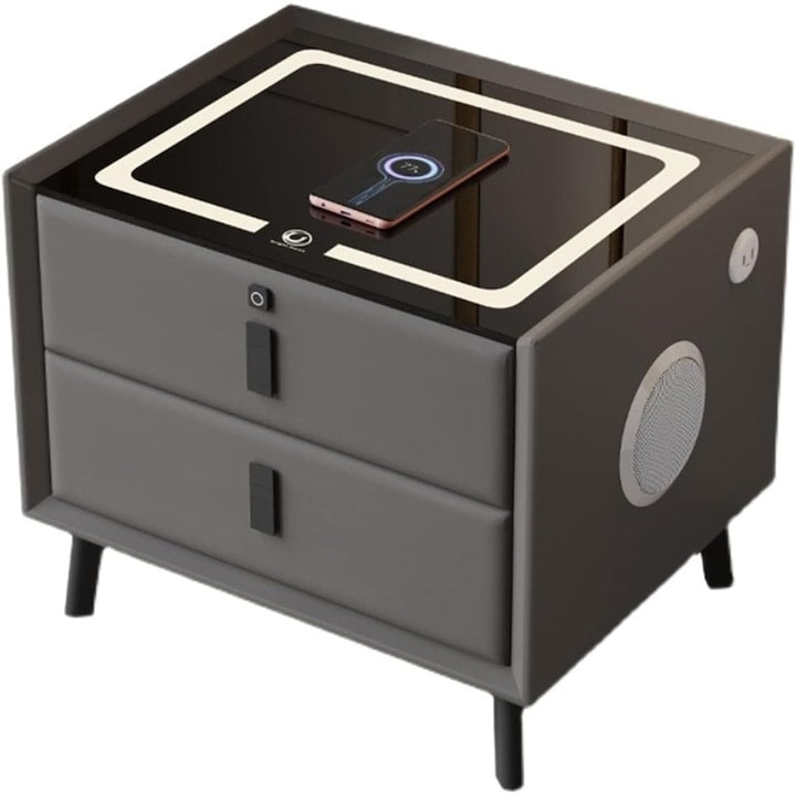 Noptiera Smart Multifunctionala, iluminare LED tactil , incarcare wireless si USB, difuzor Bluetooth, 2 sertare