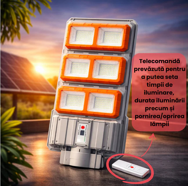 Proiector Solar LED Stradal 3000W, Rezistent IP66, Telecomandă, Senzor de Mișcare, Autonomie Mare, Montaj Exterior, Lumină Puternică