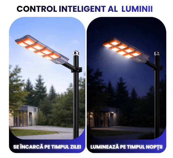 Proiector Solar LED Stradal 3000W, Rezistent IP66, Telecomandă, Senzor de Mișcare, Autonomie Mare, Montaj Exterior, Lumină Puternică