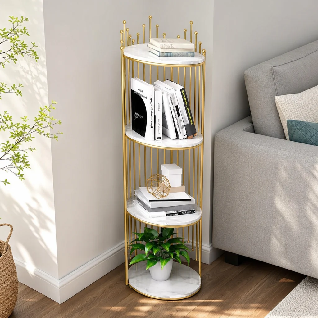Raft Decorativ Rotund cu 4 Polițe, Bibliotecă Modernă cu Cadru Metalic Auriu și Rafturi Albe, 95 cm Înălțime, Mobilier pentru Living, Dormitor și Birou