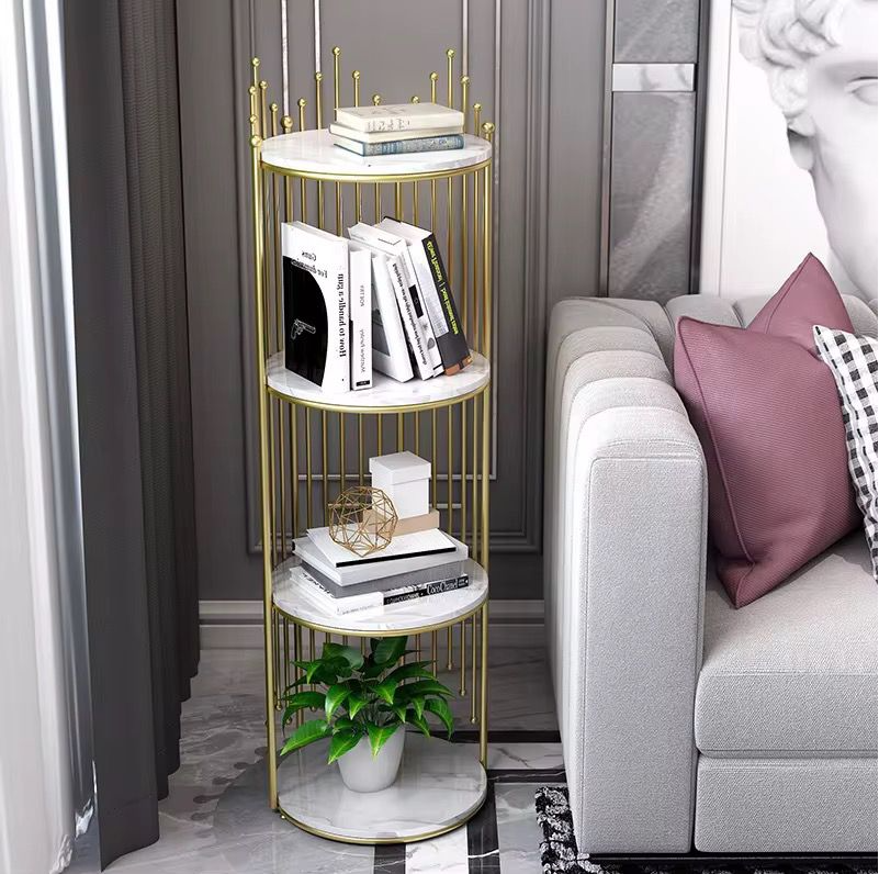 Raft Decorativ Rotund cu 4 Polițe, Bibliotecă Modernă cu Cadru Metalic Auriu și Rafturi Albe, 95 cm Înălțime, Mobilier pentru Living, Dormitor și Birou