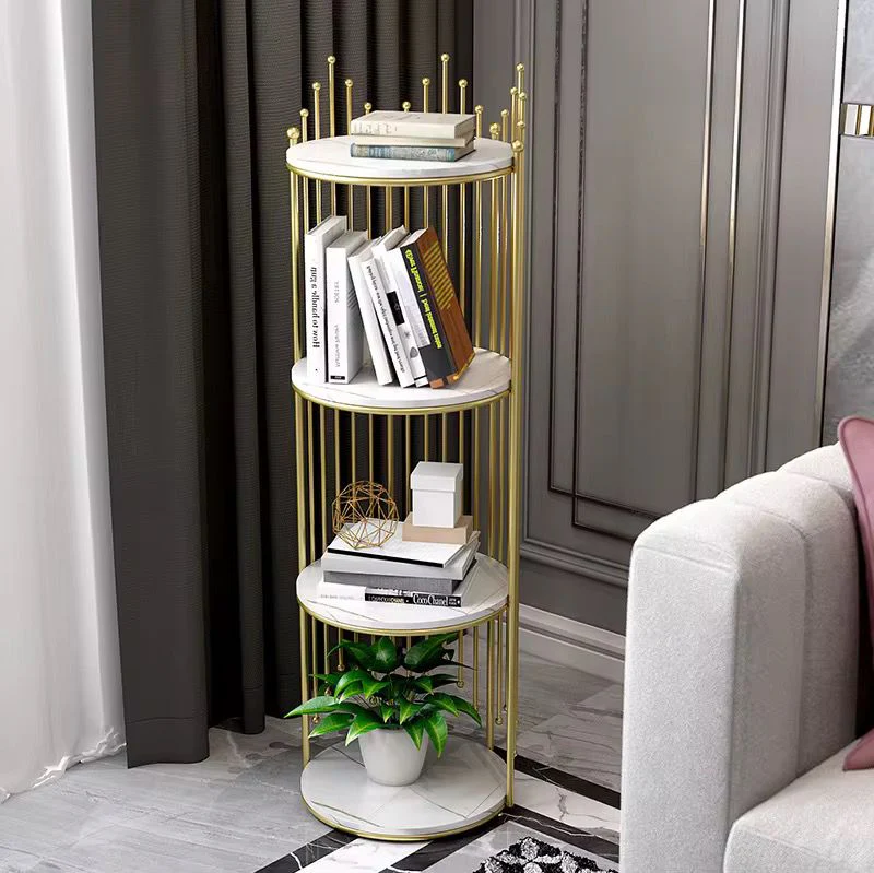 Raft Decorativ Rotund cu 4 Polițe, Bibliotecă Modernă cu Cadru Metalic Auriu și Rafturi Albe, 95 cm Înălțime, Mobilier pentru Living, Dormitor și Birou