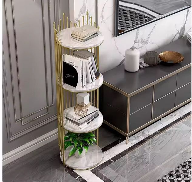 Raft Decorativ Rotund cu 4 Polițe, Bibliotecă Modernă cu Cadru Metalic Auriu și Rafturi Albe, 95 cm Înălțime, Mobilier pentru Living, Dormitor și Birou