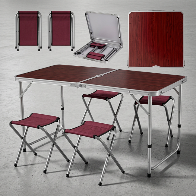 Masă Pliabilă Tip Geantă cu 4 Scaune | 120 x 60 cm | Înălțime Reglabilă 55–70 cm | Camping, Picnic, Grădină și Terasă