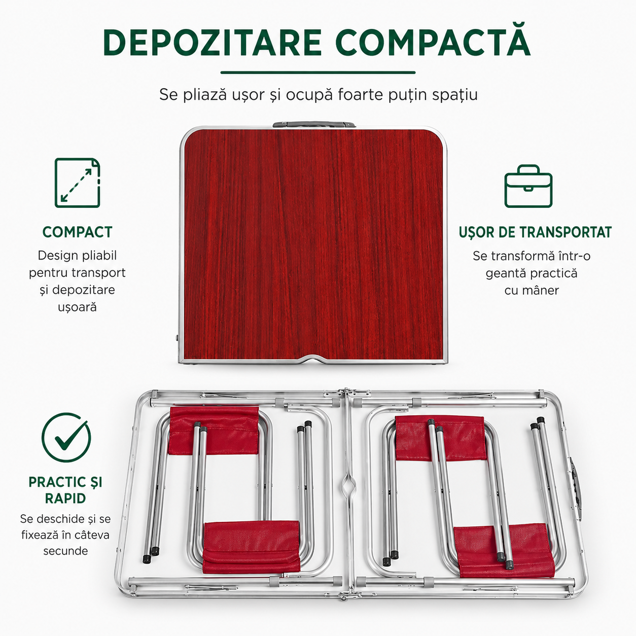 Masă Pliabilă Tip Geantă cu 4 Scaune | 120 x 60 cm | Înălțime Reglabilă 55–70 cm | Camping, Picnic, Grădină și Terasă