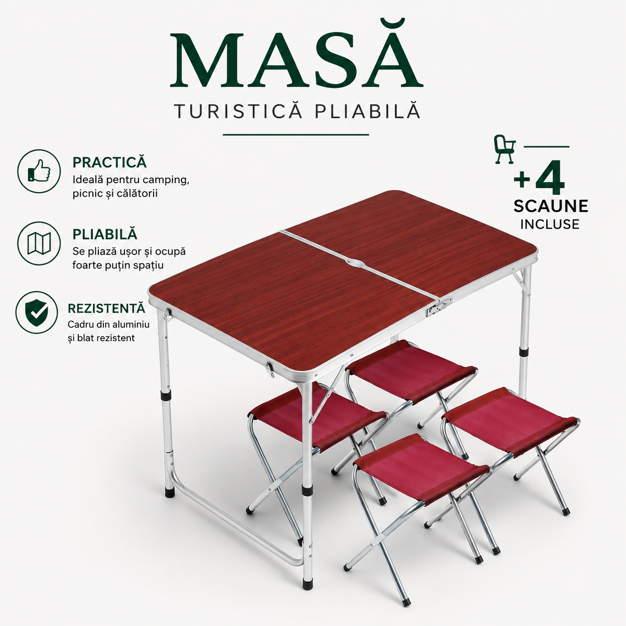 Masă Pliabilă Tip Geantă cu 4 Scaune | 120 x 60 cm | Înălțime Reglabilă 55–70 cm | Camping, Picnic, Grădină și Terasă