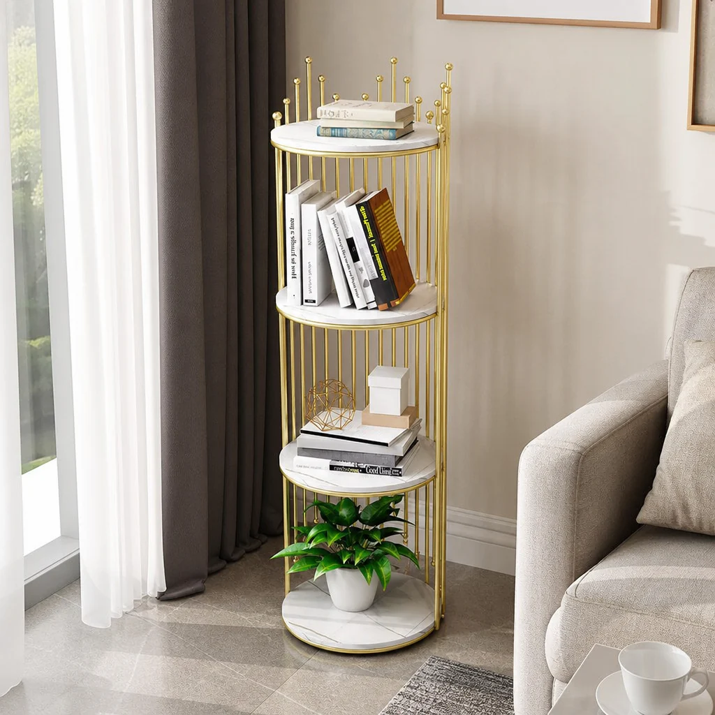 Raft Decorativ Rotund cu 4 Polițe, Bibliotecă Modernă cu Cadru Metalic Auriu și Rafturi Albe, 95 cm Înălțime, Mobilier pentru Living, Dormitor și Birou