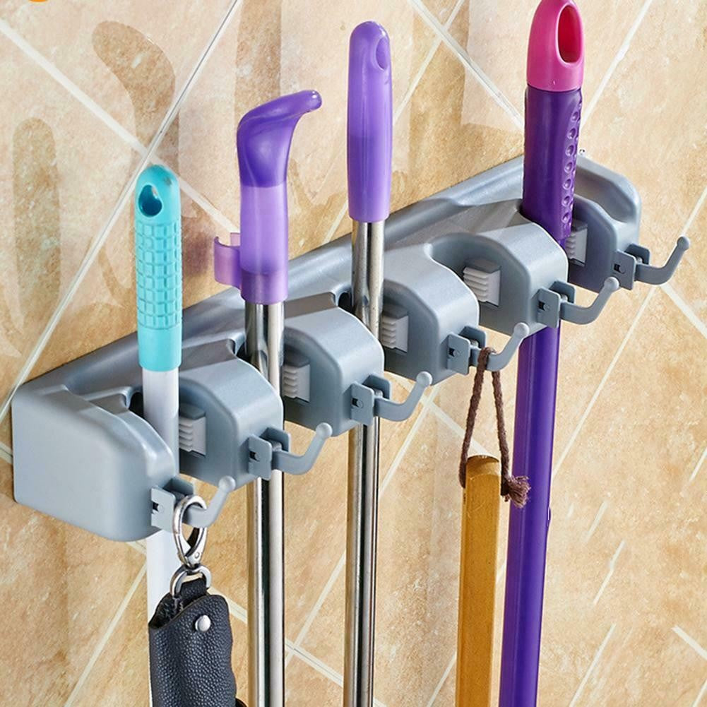 Suport Universal de Perete pentru Mop, Mătură și Unelte, Organizator cu 5 Suporturi și 6 Cârlige, Economisire Spațiu, Montaj Rapid