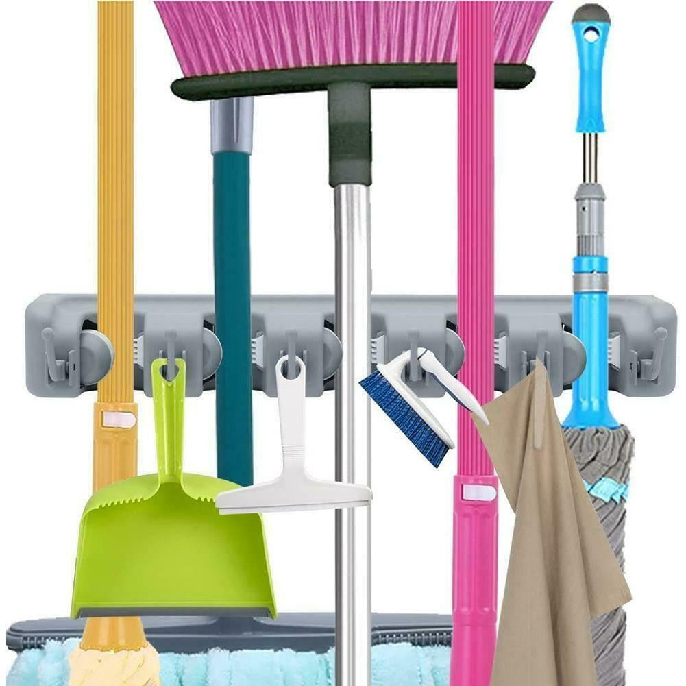 Suport Universal de Perete pentru Mop, Mătură și Unelte, Organizator cu 5 Suporturi și 6 Cârlige, Economisire Spațiu, Montaj Rapid