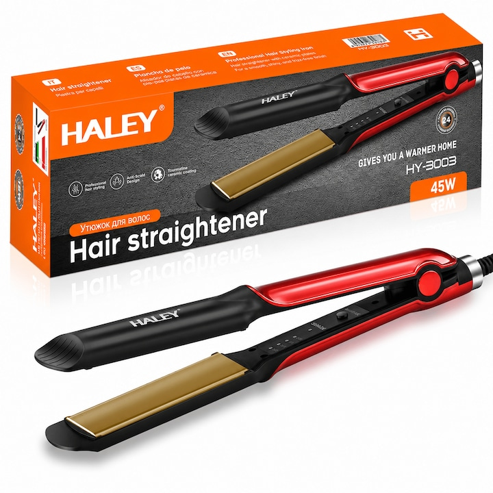 Placă de Îndreptat Părul HALEY HY-3003, 45W | 4 Trepte de Temperatură 160–220°C | Încălzire Rapidă | Indicator LED