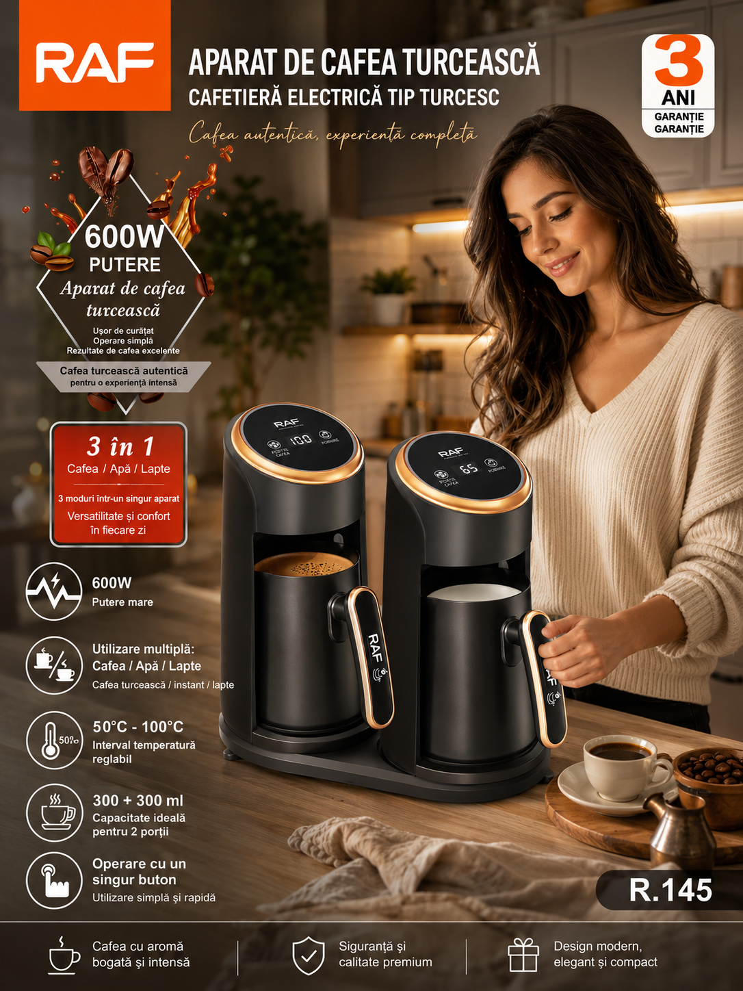 Aparat Cafea Turcească RAF R145, 600W, Dublu 2x0.3L, Încălzire Rapidă, Protecție la Supraîncălzire, Auriu/Negru
