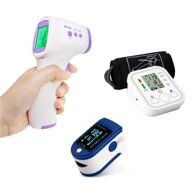 Set Complet Monitorizare Sănătate 3 în 1 | Tensiometru de Braț + Termometru Frontal Non-Contact + Pulsoximetru