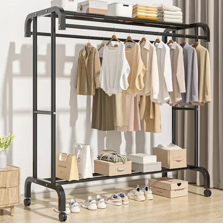 Suport haine metalic cu 2 bari și raft depozitare, capacitate 50 kg, 150 x 120 x 48 cm, negru