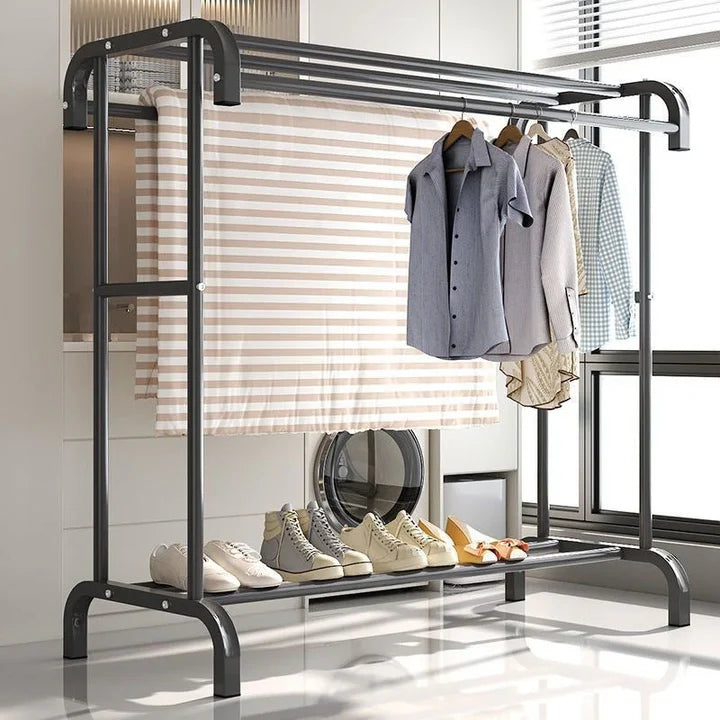 Suport haine metalic cu 2 bari și raft depozitare, capacitate 50 kg, 150 x 120 x 48 cm, negru