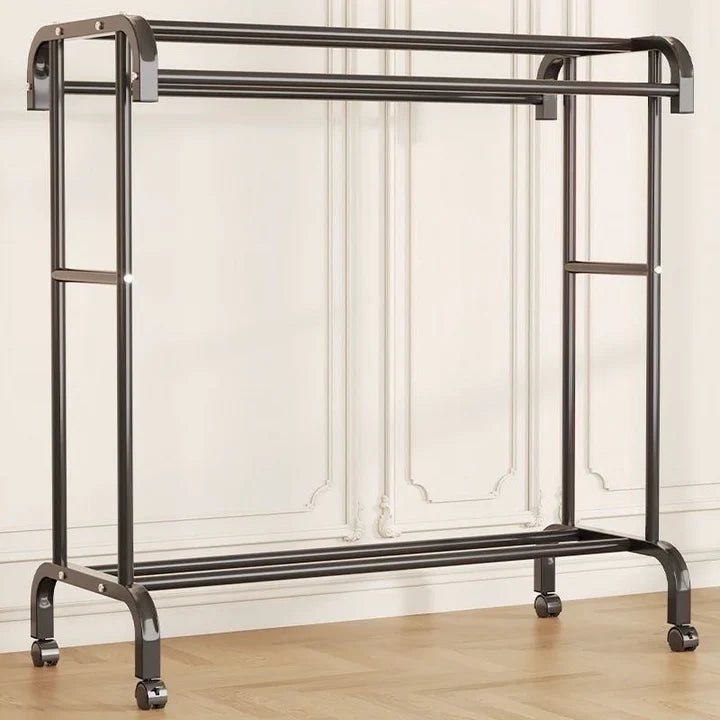Suport haine metalic cu 2 bari și raft depozitare, capacitate 50 kg, 150 x 120 x 48 cm, negru