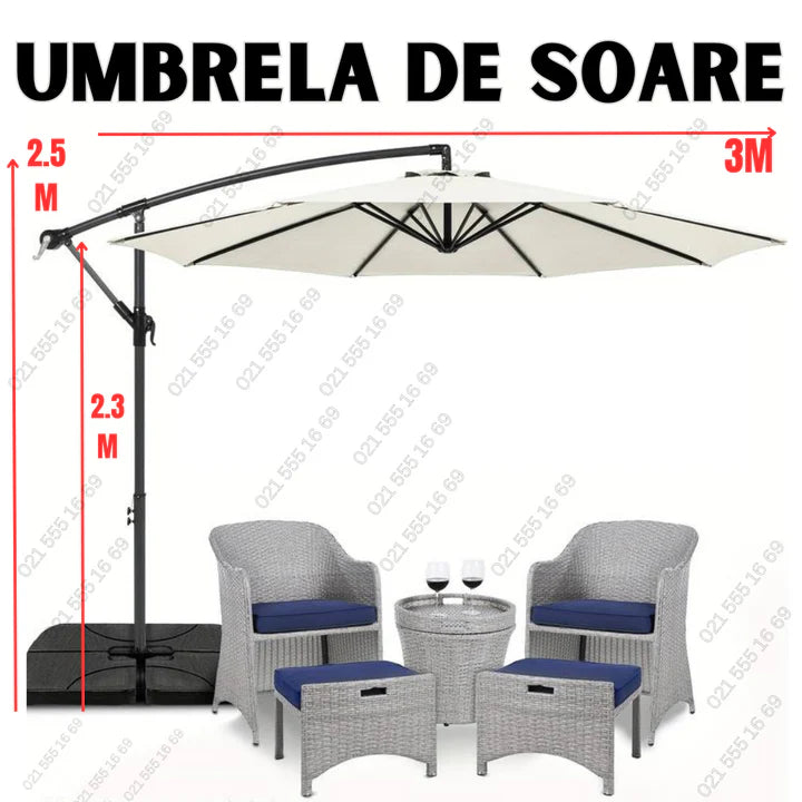 Umbrelă Suspendată Premium 3x2.5 m cu Suport și Bază de Greutate Incluse | Reglabilă, Protecție UV, Ideală pentru Grădină și Terasă