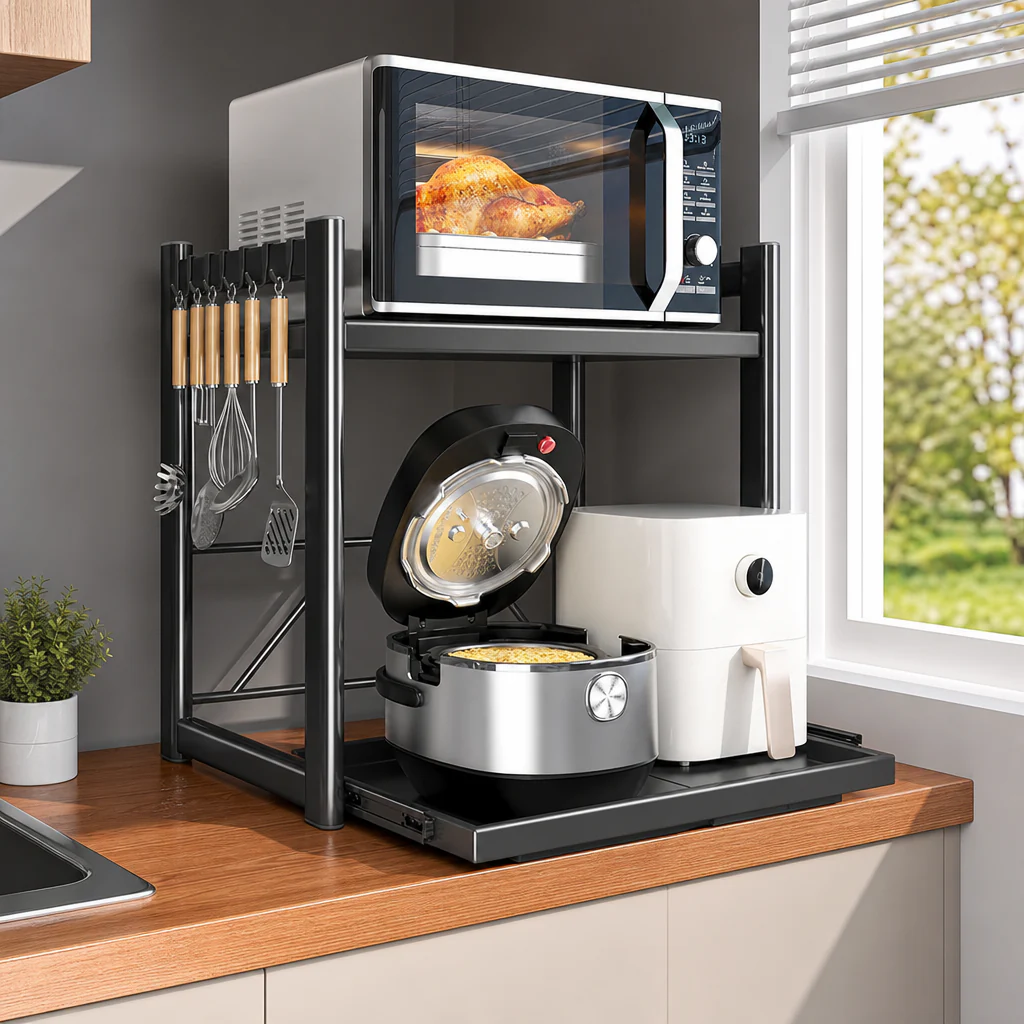 Raft Extensibil pentru Cuptor cu Microunde și Electrocasnice, Suport Metalic Reglabil pentru Air Fryer, Cafetieră, Mixer și Organizare Bucătărie