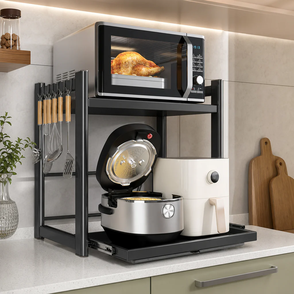 Raft Extensibil pentru Cuptor cu Microunde și Electrocasnice, Suport Metalic Reglabil pentru Air Fryer, Cafetieră, Mixer și Organizare Bucătărie