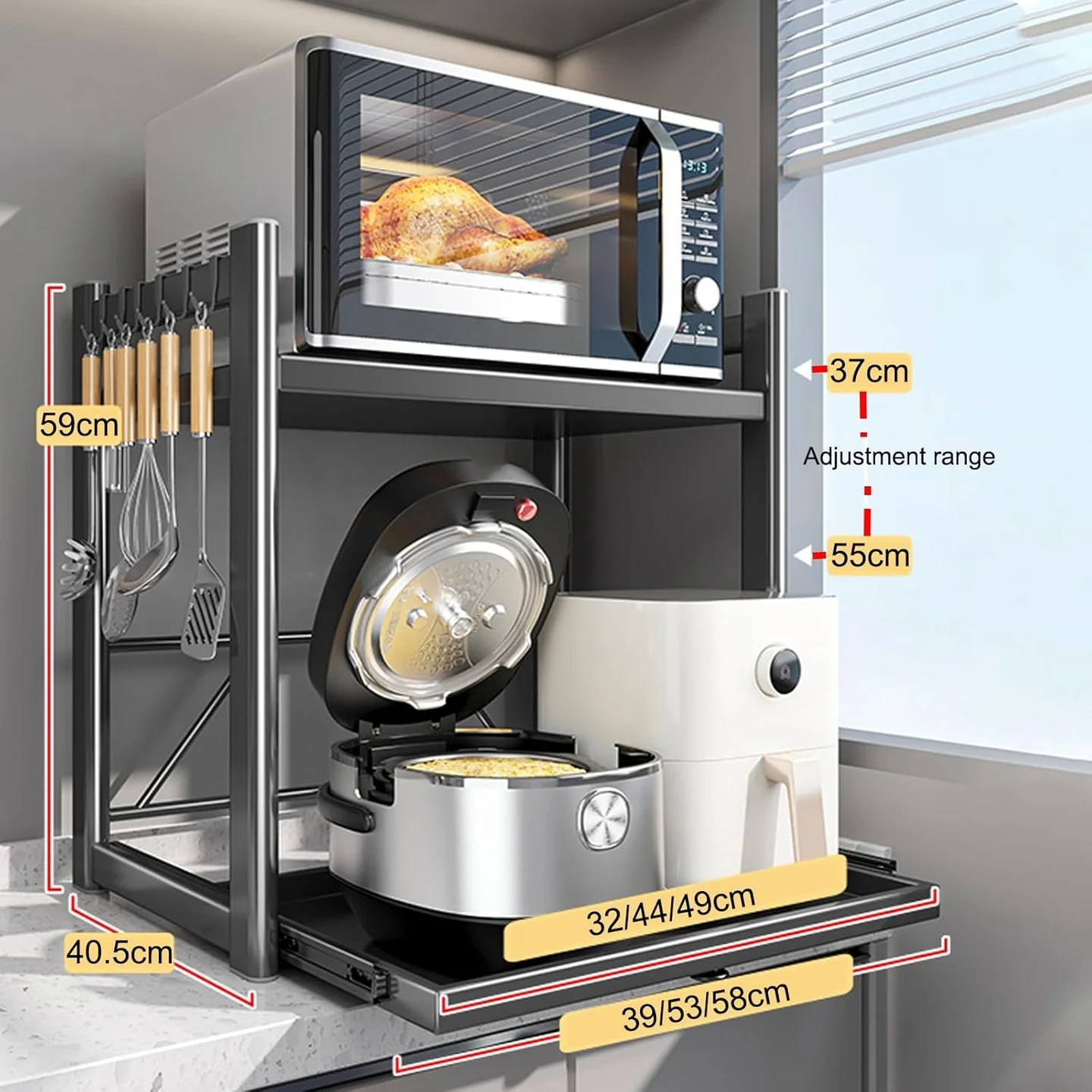 Raft Extensibil pentru Cuptor cu Microunde și Electrocasnice, Suport Metalic Reglabil pentru Air Fryer, Cafetieră, Mixer și Organizare Bucătărie