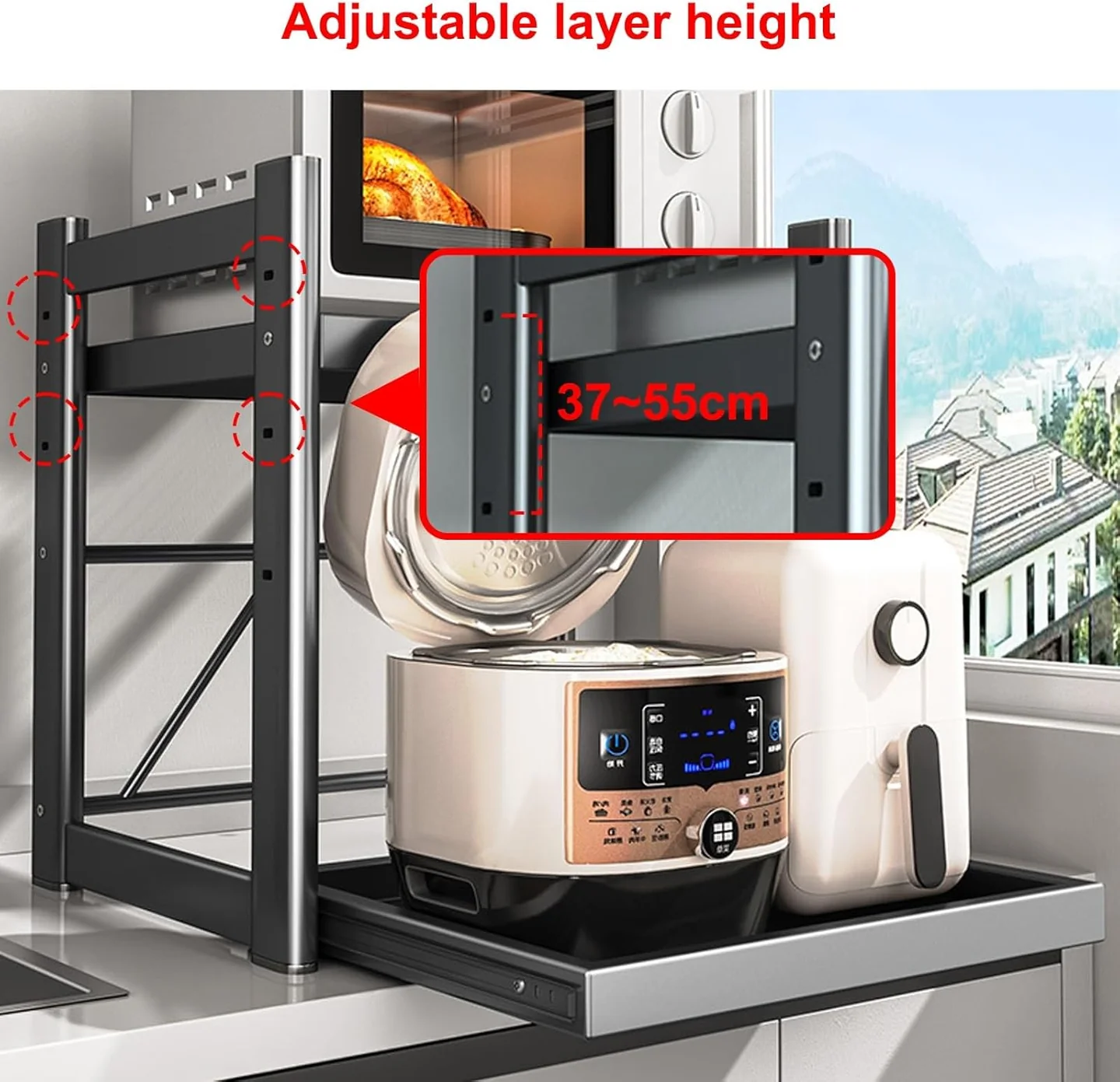 Raft Extensibil pentru Cuptor cu Microunde și Electrocasnice, Suport Metalic Reglabil pentru Air Fryer, Cafetieră, Mixer și Organizare Bucătărie