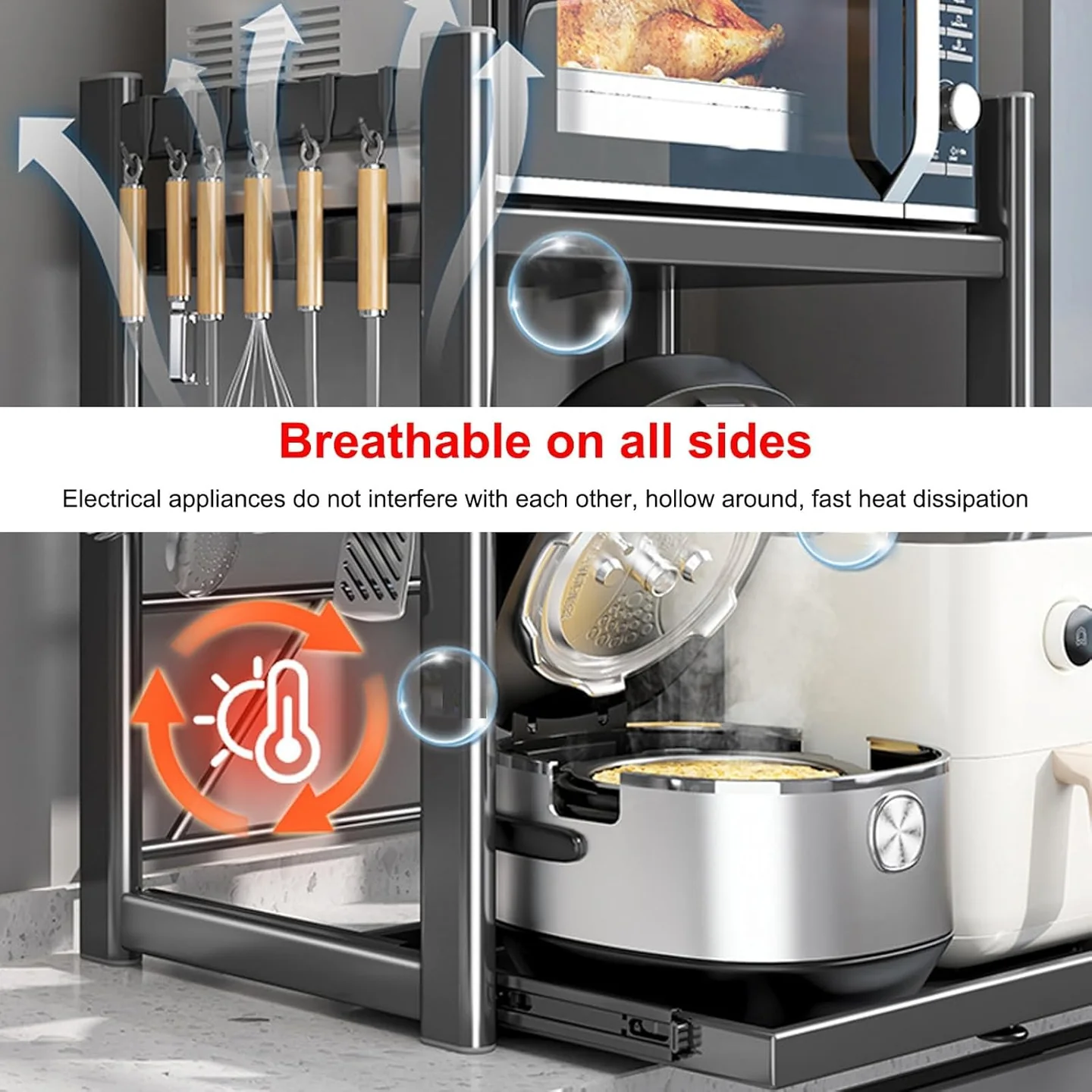 Raft Extensibil pentru Cuptor cu Microunde și Electrocasnice, Suport Metalic Reglabil pentru Air Fryer, Cafetieră, Mixer și Organizare Bucătărie
