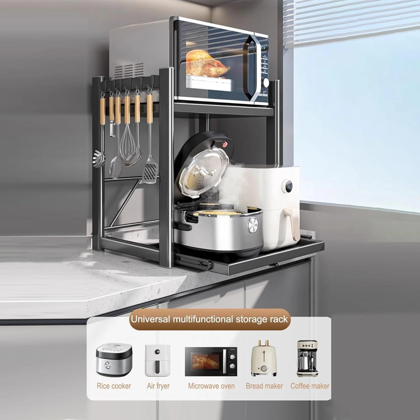 Raft Extensibil pentru Cuptor cu Microunde și Electrocasnice, Suport Metalic Reglabil pentru Air Fryer, Cafetieră, Mixer și Organizare Bucătărie