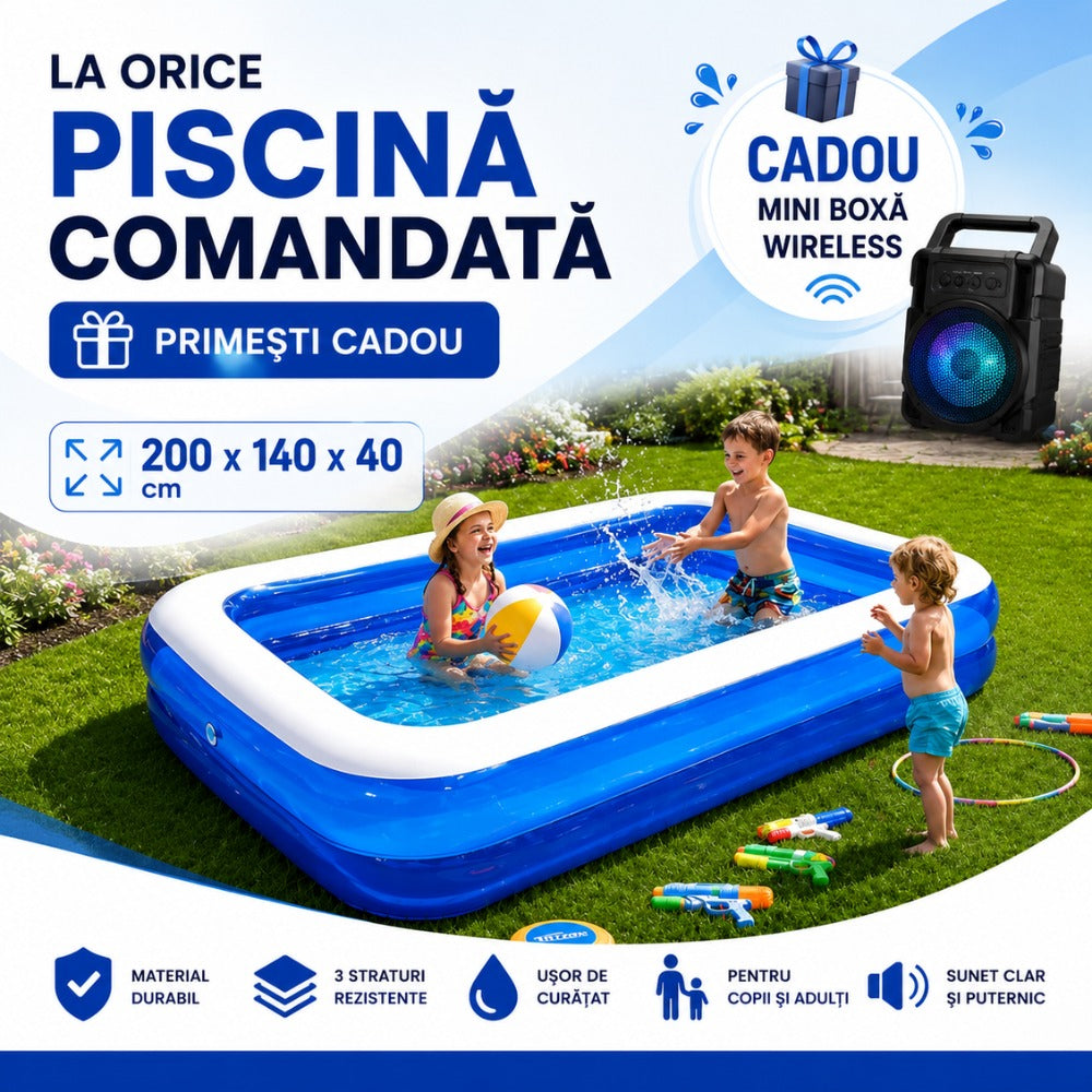 Piscină Gonflabilă 200x140x40 cm, 2 Inele Rezistente, PVC Gros, pentru Copii și Adulți, Mini Boxă Wireless Cadou Inclusă, pentru Curte și Grădină