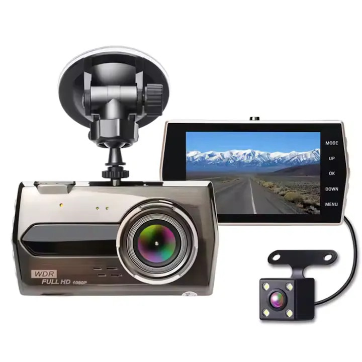 Cameră Auto DVR CJ-EM-K0204-20260817-43, Dual Lens Față + Spate | Full HD 1080p | Ecran IPS 4” | Unghi 170° | Night Vision, WDR, G-Sensor