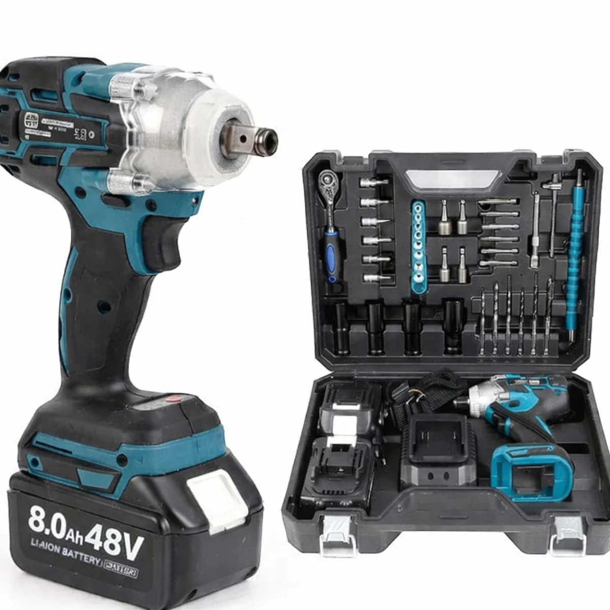 Cheie de Impact- Masina de Insurubat , 550Nm, 43 de Accesorii, 2 Acumulatori 48V si Valiza