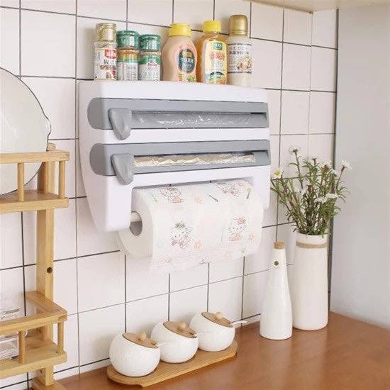 Dispenser triplu pentru bucătărie: hârtie, folie de aluminiu și folie de plastic